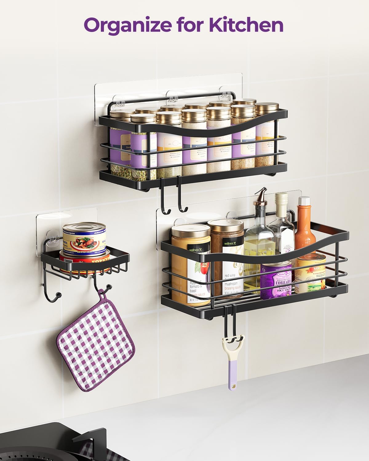 ODesign Shower Caddy 3 Pack-Shower Organizer Shelves Rack Rustproof SUS304 Stainless Steel for Bathroom Storage&Kitchen-No Drilling Adhesive Shower Caddy Shelf with 4 Hooks Suction Cup-Black