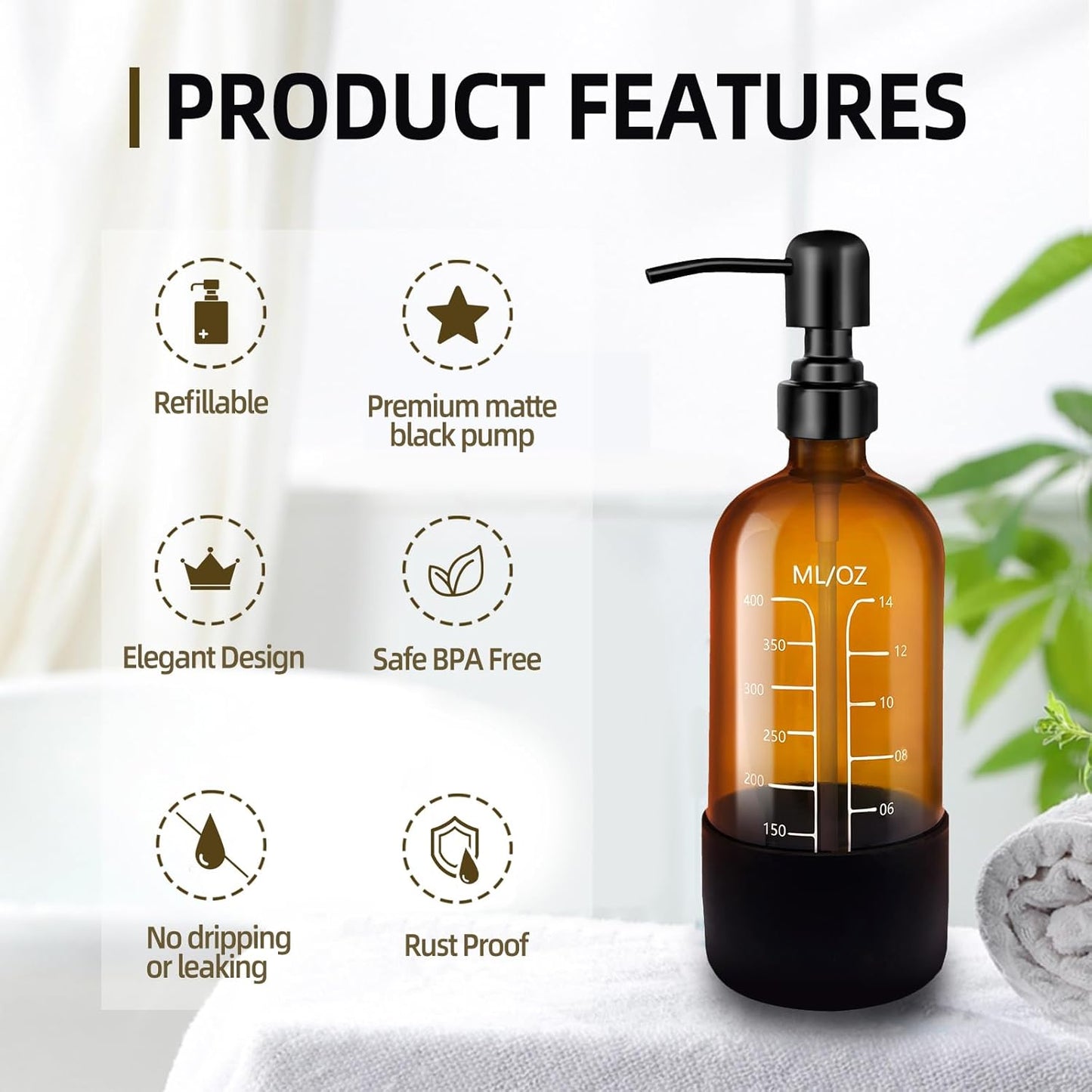 16oz Amber Glass Soap Dispenser with Stainless Steel Pump and Silicone Base for Kitchen and Bathroom