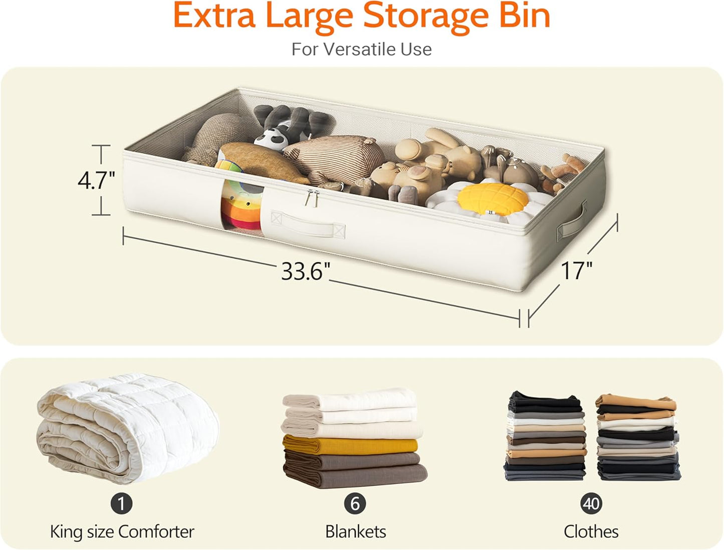 Under Bed Storage Containers with Window, Closet Organizers and Storage Bags, Foldable Underbed Storage Bags for Blankets, Clothing, Comforter, Linen Sheets, Wrapping Paper, 2 Pack, White Ivory