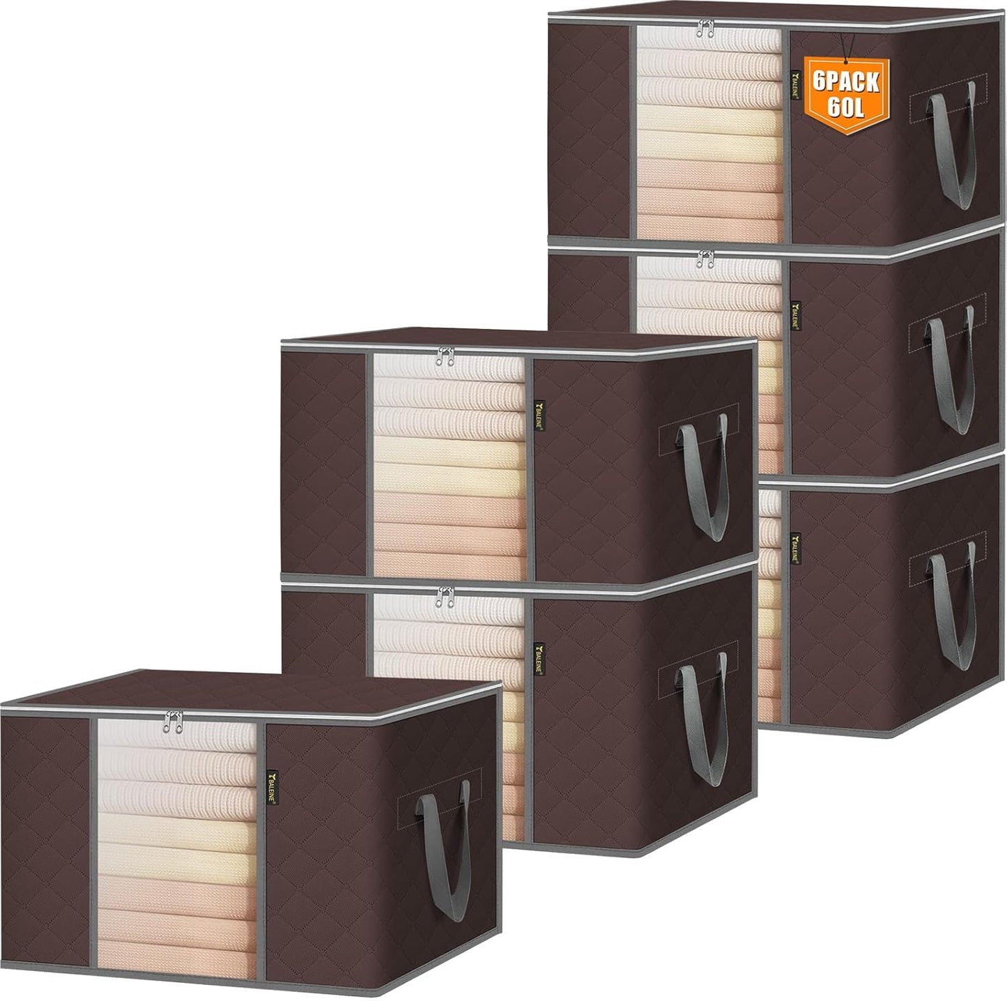 BALEINE 6 Pack Clothes Storage Bags, 16 Gallon Storage Containers with Reinforced Handle, Sturdy Zipper, Closet Organizer for Blanket, Comforter, Pillow, Bedding (Brown, 6 Pack)