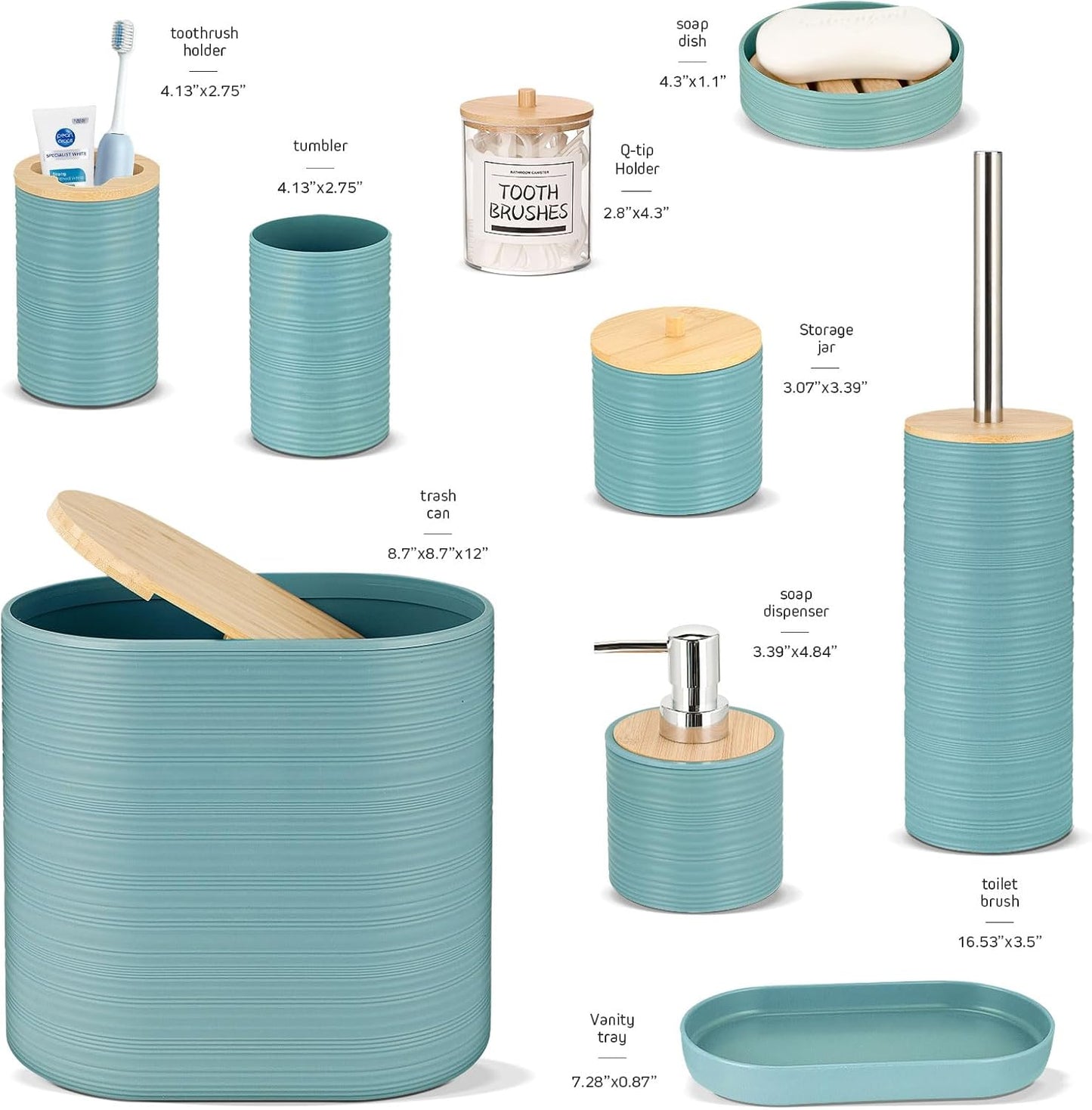 IMAVO Bathroom Accessory Set-11Pcs Blue Bathroom Accessories Set with Trash Can,Soap Dispenser,Soap Dish,Toothbrush Holder,Toothbrush Cup,Toilet Brush Holder,Qtip Holder Dispenser with Labels