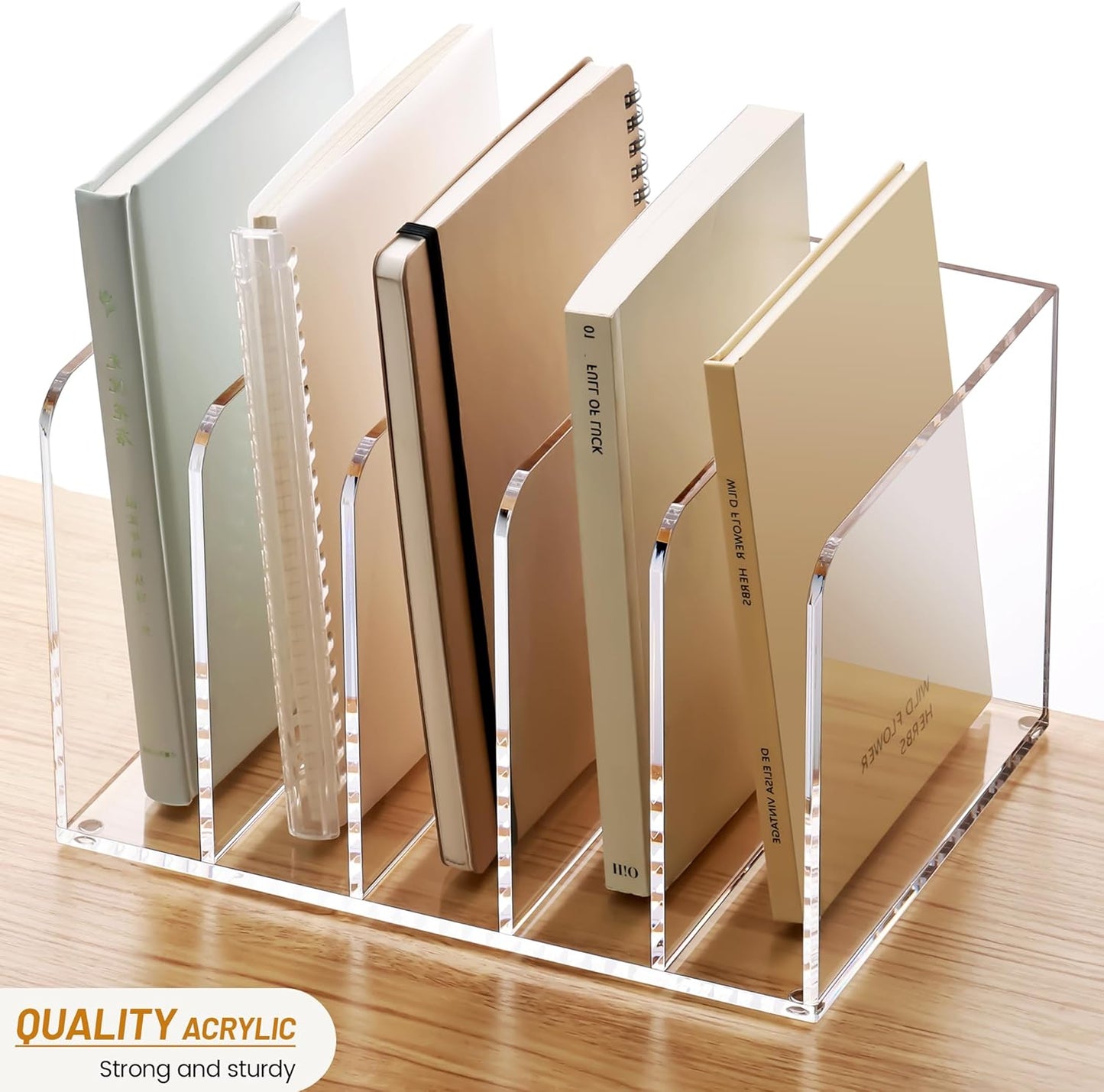 YUXUN Acrylic Magazine Holder,Clear Desk Organizer Vertical File Sorter Holder Stand for Notebook,Paper,Envelope,Magazine, Book Storage-Office/Home/Classroom Organization (5 Compartments,B5)