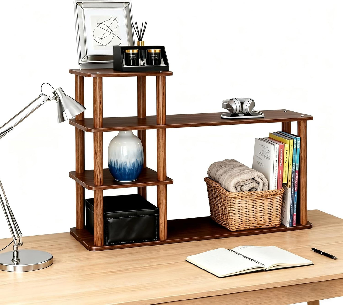 Wood Office Desk Top Shelf Organizer, 3 Tier Desktop Bookshelf with Storage for Small Spaces, Bookcase Tabletop Shelves for Office, Home, Dorm