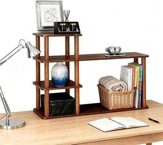 Wood Office Desk Top Shelf Organizer, 3 Tier Desktop Bookshelf with Storage for Small Spaces, Bookcase Tabletop Shelves for Office, Home, Dorm