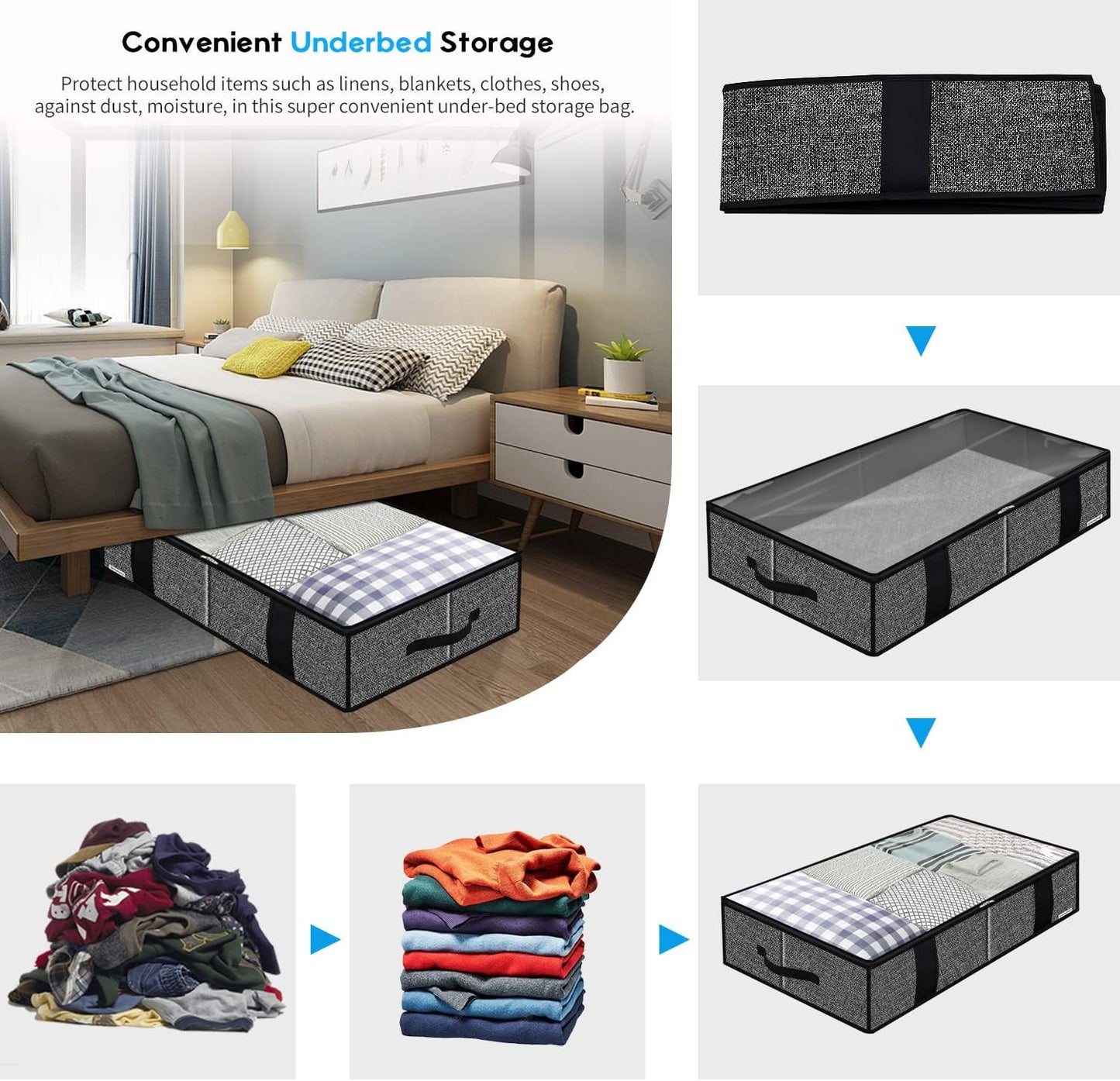 Onlyeasy Underbed Fabric Storage Bags Organizer with 4 Handles, 2 Zippers and Large Clear Window, for Clothes, Blankets, Bedding, Foldable with Sturdy Structure, 2 Pack, Linen-like Black, MXAUBBSS2P