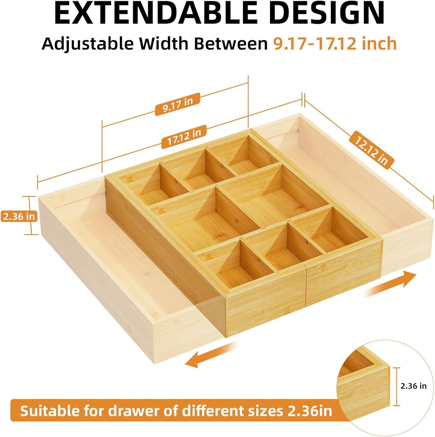 Marbrasse Bamboo Expandable Drawer Organizer, Desk Drawer Organizer Tray with 5 Dividers, Desk Organizers and Accessories, 10 Adjustable Compartments for Office Supplies, Junk, Makeup & Vanity