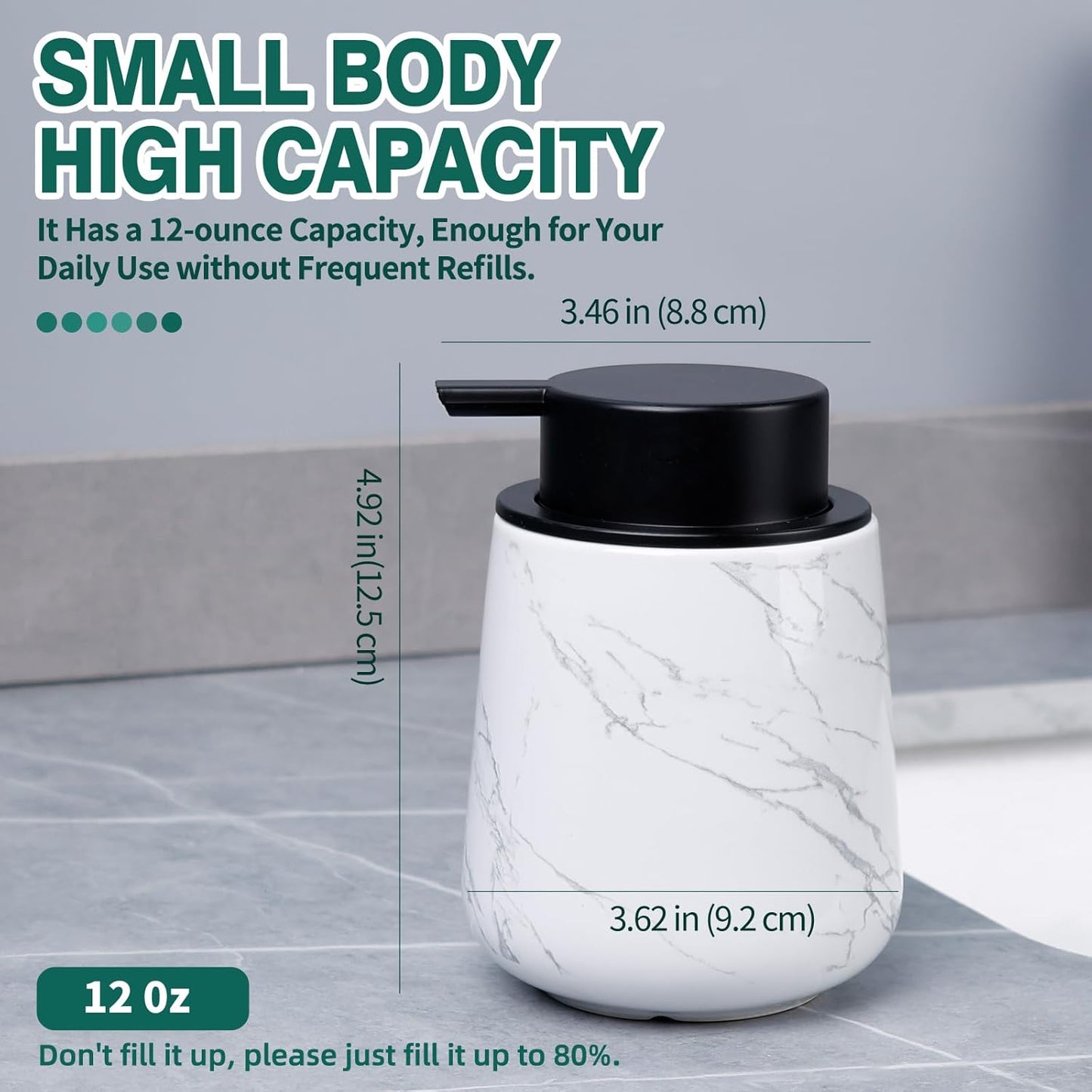 Bosilunlife Hand Soap Dispenser - Marble Lotion Dispenser 12Oz Ceramic Soap Dispenser Bathroom Refillable Liquid Pump Dispenser for Bathroom Kitchen Dispenser for Dish Soap with Easy-to-Press Pump