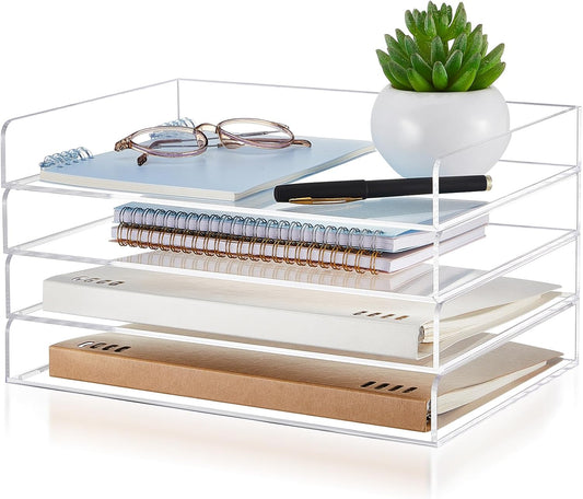 Harloon 4 Tier Acrylic Paper Tray Paper Organizer for Desk Clear File Organizer 12. 4 x 8. 9 x 1. 7 Inches File Tray for Office Workspace Desktop Storage, No Need to Assemble(Transparent)
