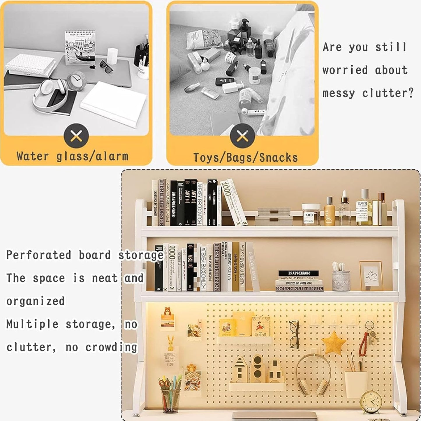 Modern Pegboard Storage Display Rack, Metal Desktop Organizer Rack,for Home Office Dorm Furniture Wood Hutch Bookcase