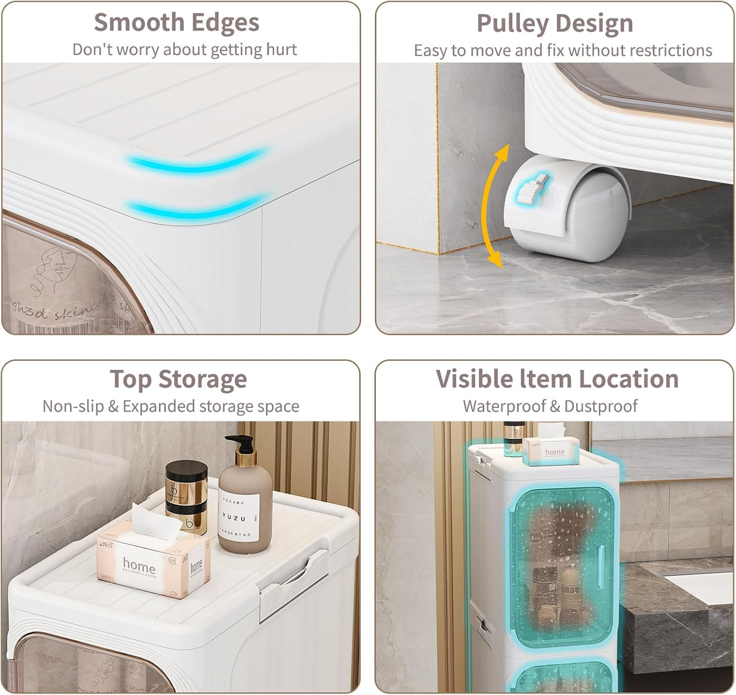 KHNR 2-Tiers Slim Bathroom Storage Cabinet, Foldable Storage Cabinets,Narrow Bathroom Storage,Movable Bathroom Storage Organizer for Small Spaces,Bathroom,Kitchen,Laundry,White