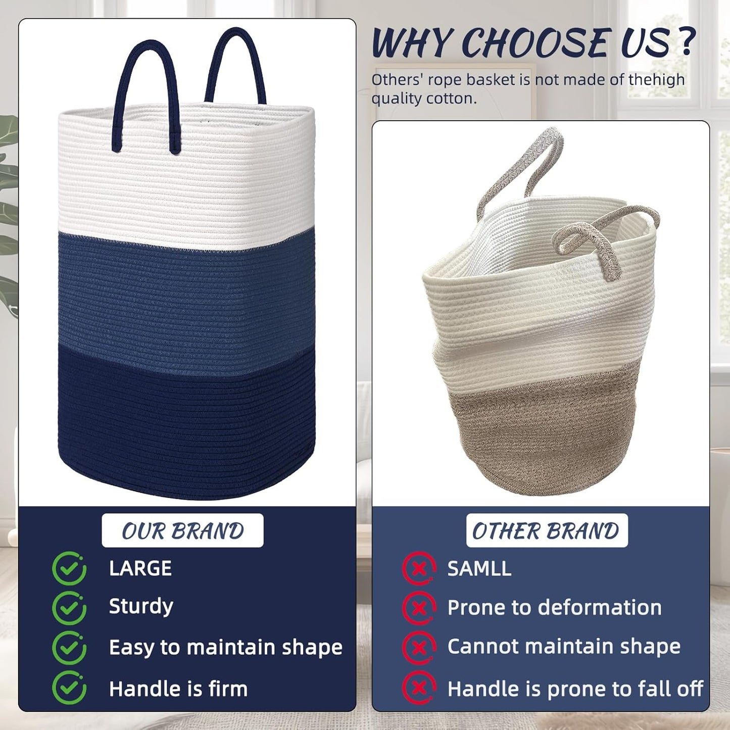 Woven Laundry Basket for Clothes,65 L Large Rectangle Laundry Hampers with Beads Tassel, Nursery Storage Basket for Toys, Tall Dirty Clothes Hamper for Bedroom Aesthetic, Laundry Room Organization