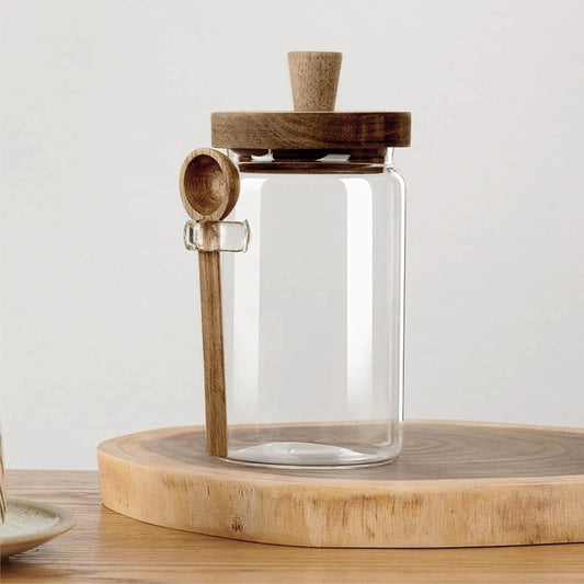Glass Food Storage Jar with Acacia Wooden Lid and Spoon, Airtight Container for Cereals, Cookies, Snacks, Kitchen Canister Set (1 Pcs, Large/25oz)