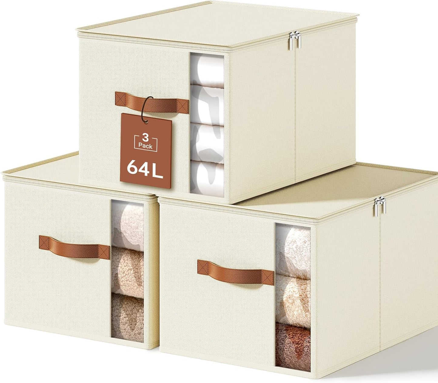 Large Clothes Storage Bins with Sturdy Frame, Foldable Clothing Organizer Box, Sweater Storage Cube with Lids and Zipper, Fabric Bedding Storage Bags for Blankets, Seasonal Clothes, Comforter