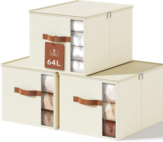 Large Clothes Storage Bins with Sturdy Frame, Foldable Clothing Organizer Box, Sweater Storage Cube with Lids and Zipper, Fabric Bedding Storage Bags for Blankets, Seasonal Clothes, Comforter