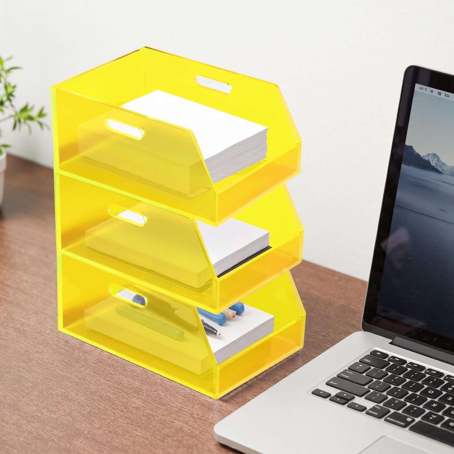 Stackable Storage Bin Organizer with Handles Acrylic Storage Container for Toy Pantry Kitchen Cabinet Bathroom Closet Office Organization, 11.4x7.5x5.1'', Neon Yellow