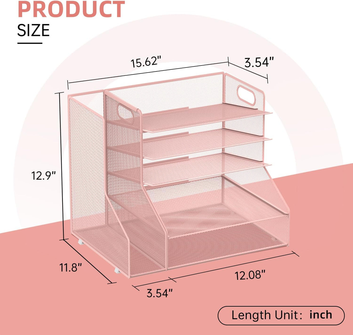 SUPEASY Desk Organizer with File Holder, 5-Tier Mesh Paper Letter Tray with Magazine Holder, Desktop Organizer and Storage for Desk Accessories Office Supplies, Pink