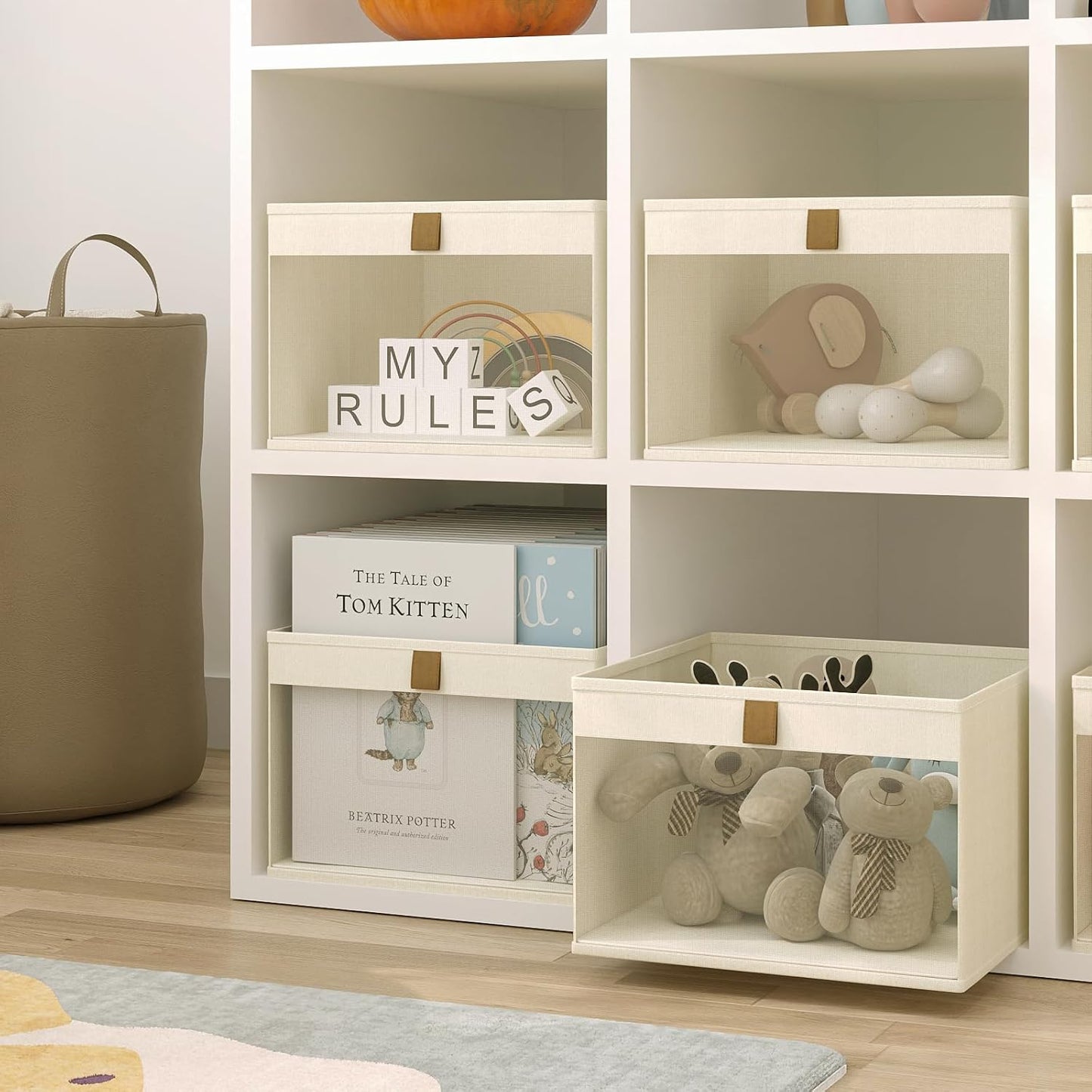 Linen Closet Organizers and Storage, Closet Storage Bins Basket Organizer, Foldable Organization Baskets with Mesh Window for Clothes Towels and Toys, 12.75" x 12.75" x 9", Beige, 6 pack