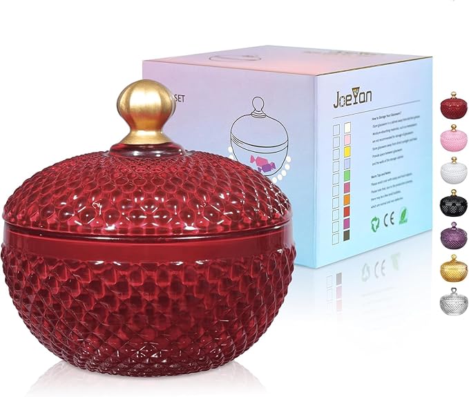 Joeyan 12 oz Small Red Glass Jewelry Box Jars with Lid,Embossed Glass Candy Dishes,Diamond Faceted Food Container,Decorative Apothecary Canisters,Colored Kitchen Bathroom Buffet Storage Organizer