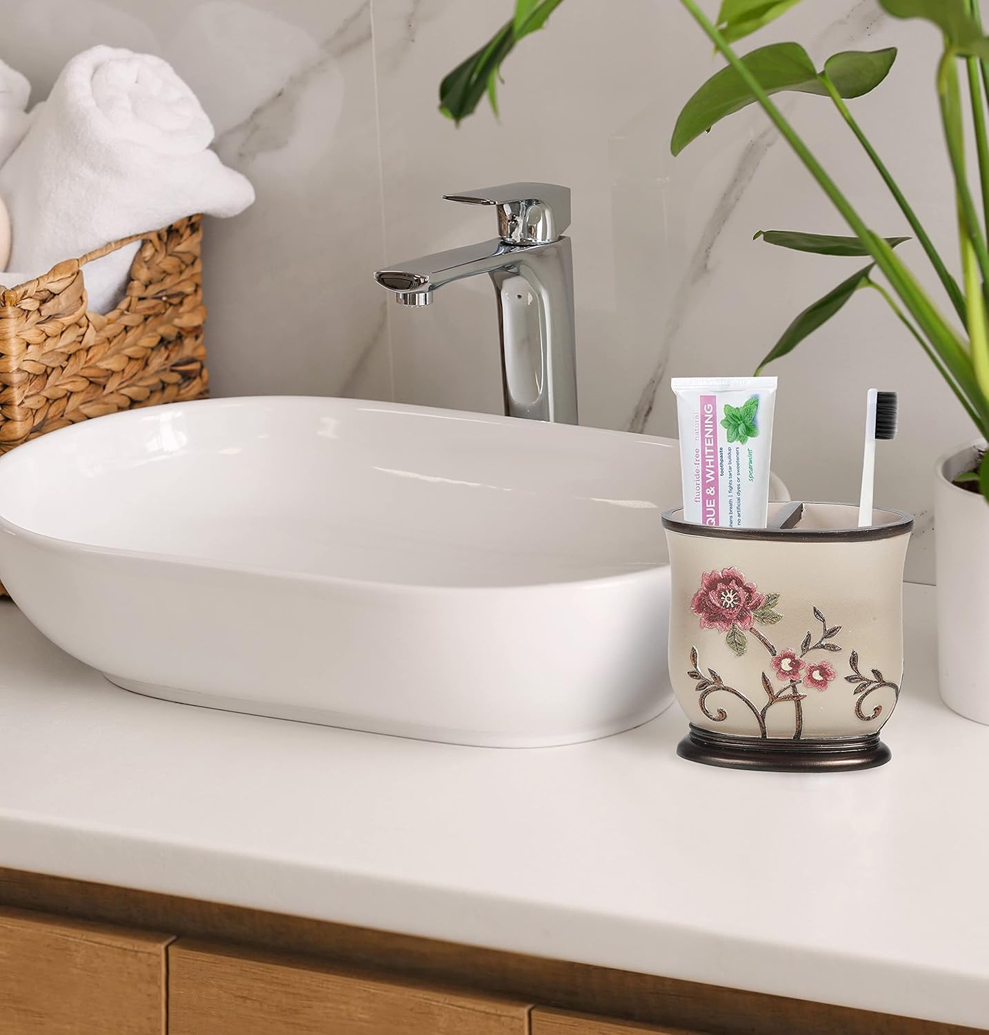 Zahari Home 4pc Larrisa Floral Bathroom Accessories Sets Modern Classic Flower Soap Dispenser, Tumbler, Tooth Brush Holder and Soap Dish Holder Luxury Decor Unique Design Stylish Bathroom Sets