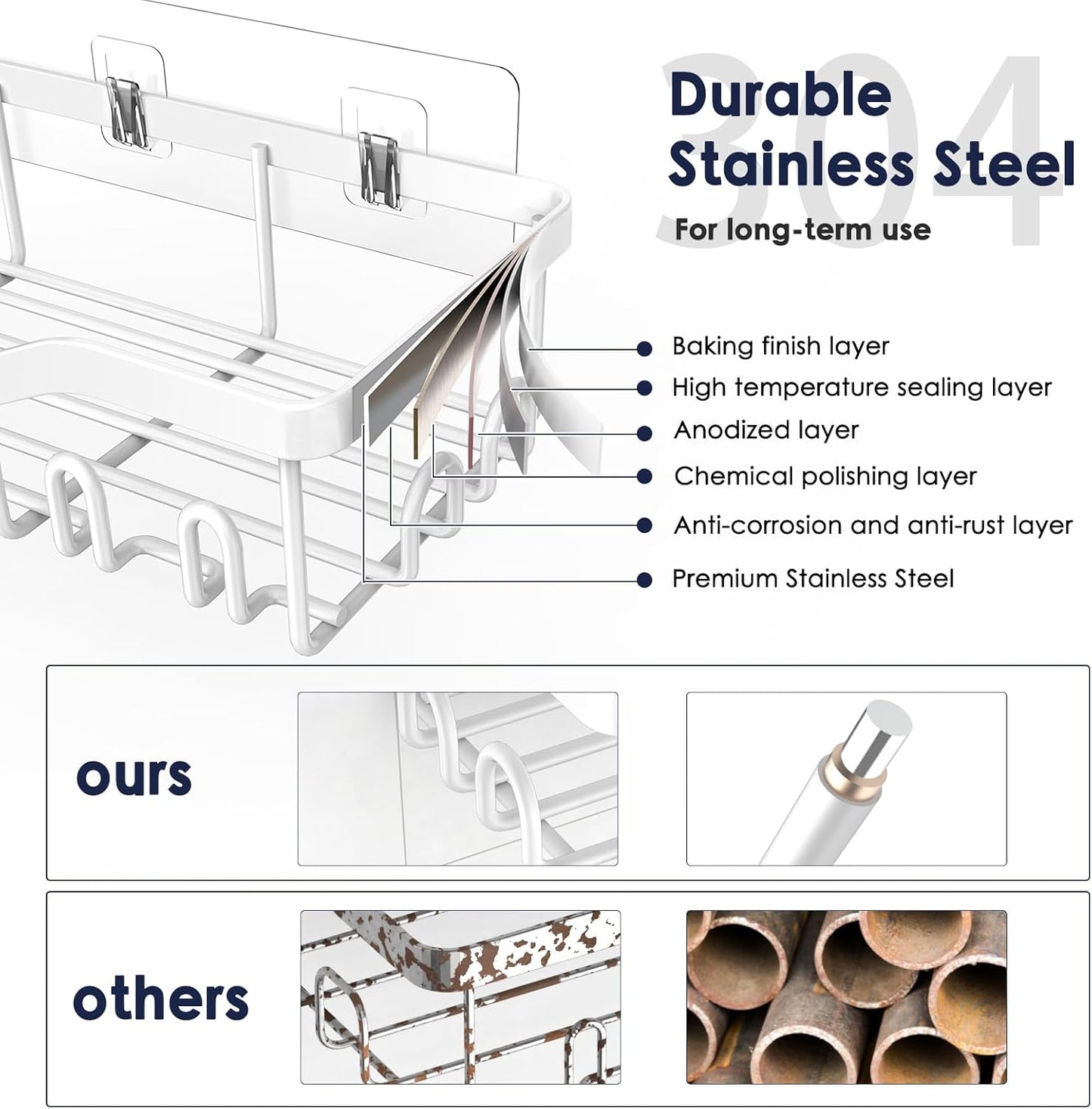 Shower Caddy Adhesive Shower Organizer 7-Pack, Rustproof Stainless Steel Bathroom Shelves, Large Capacity No-Drill Rack Storage Accessories with Soap Dish Toothbrush Holder Hooks (White)