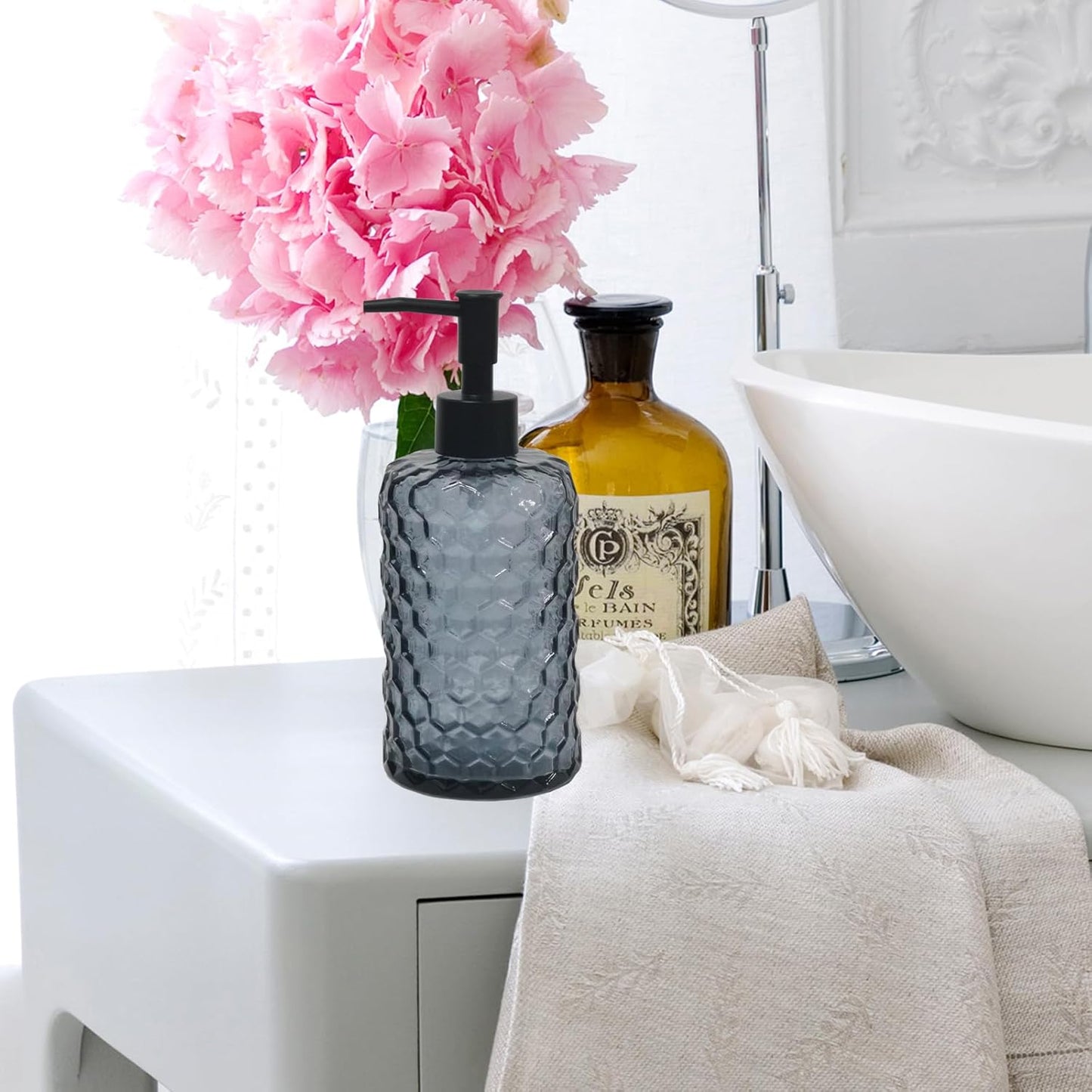 Glass Soap Dispenser with Plastic Pump, 17oz Liquid Hand Soap Dispenser for Kitchen & Bathroom, Great for Lotions, Essential Oil, Liquid Soaps (Grayish Blue)