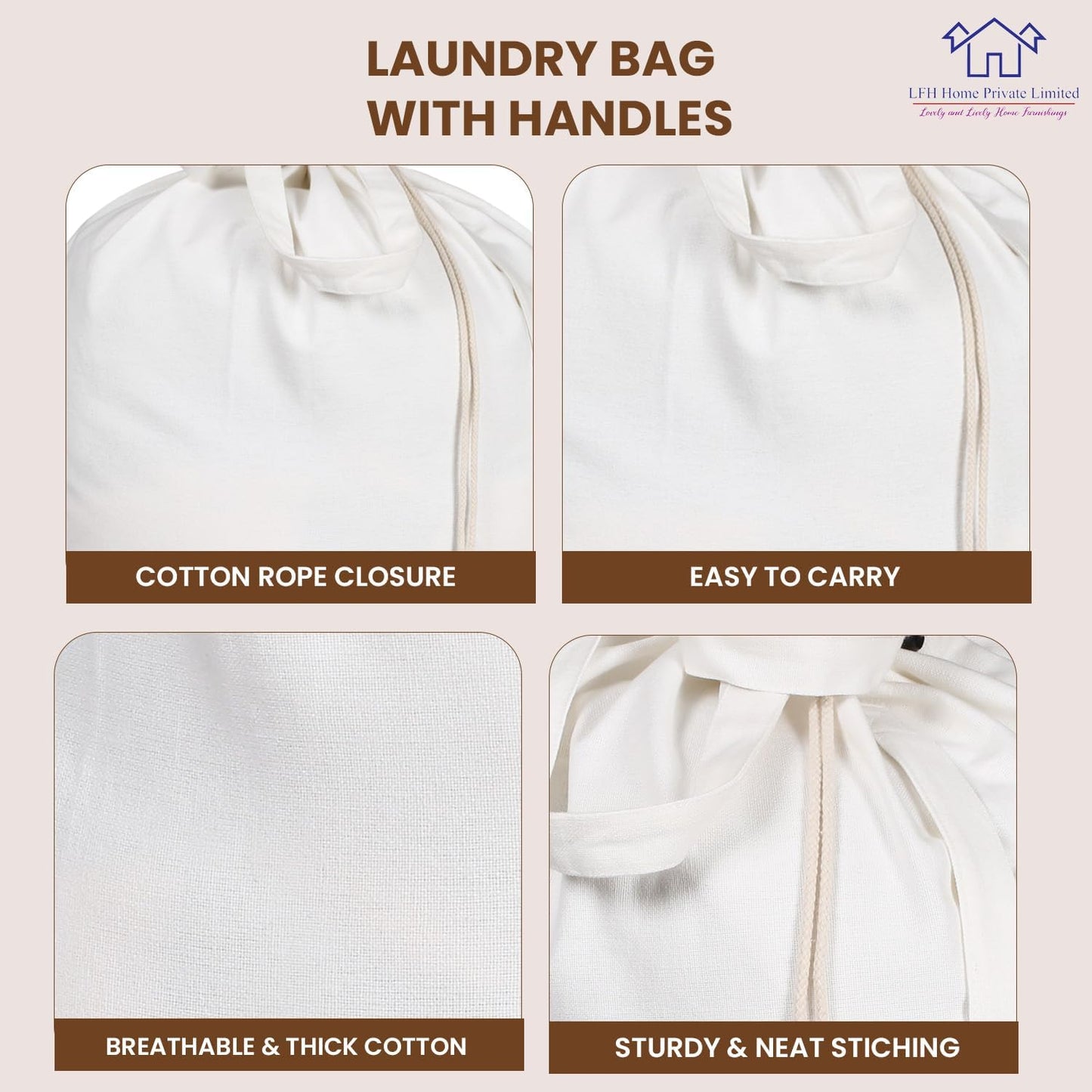 LFH Home Cotton Canvas Extra Large Laundry Bag with Handle, Stylish Drawstring Heavy Duty Laundry Bags For Travel, Home, Hotel, College Dorm and Camp Storage Bag 24x36 Inch, White, Thanks Giving