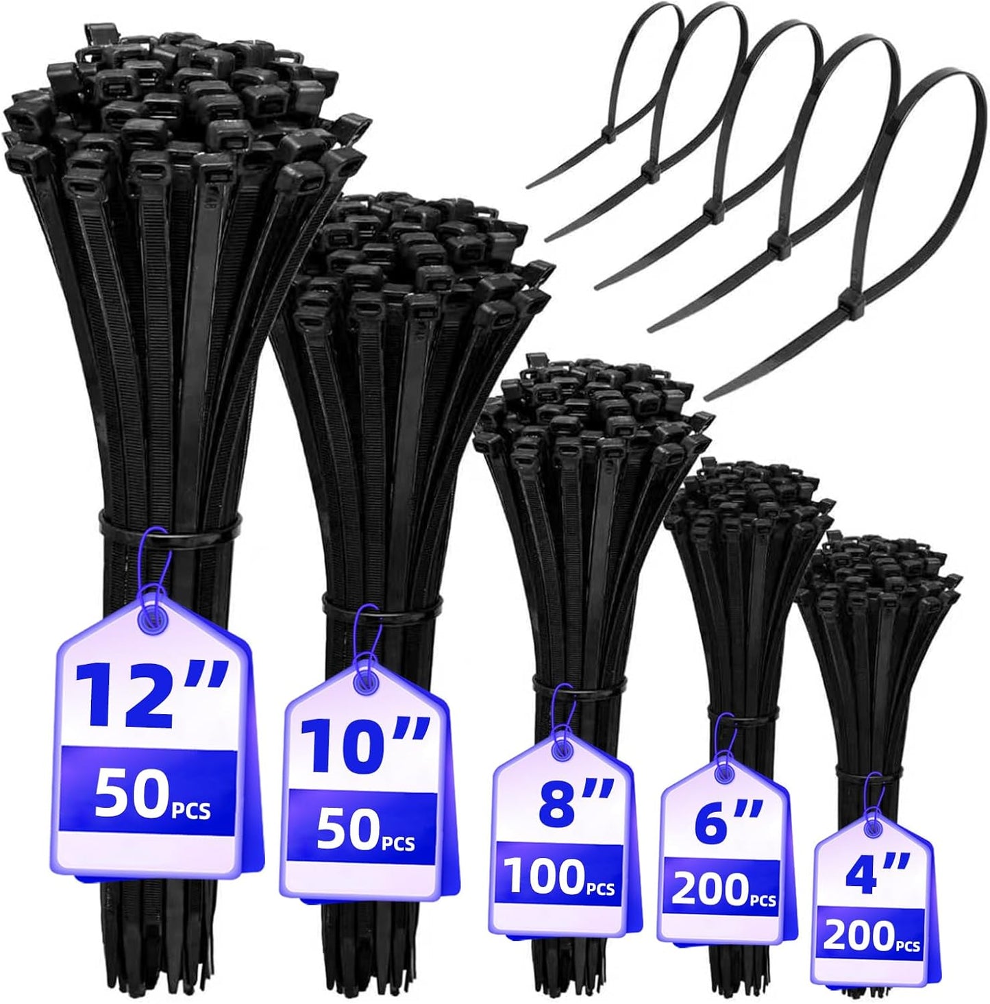 Black Zip Ties Assorted Sizes 4+6+8+10+12-Inch，600PCS Multi-Purpose Self-Locking Nylon Cable Tie,Wire Tie Perfect for Home,Garden Trellis,Office,Garage and Workshop.