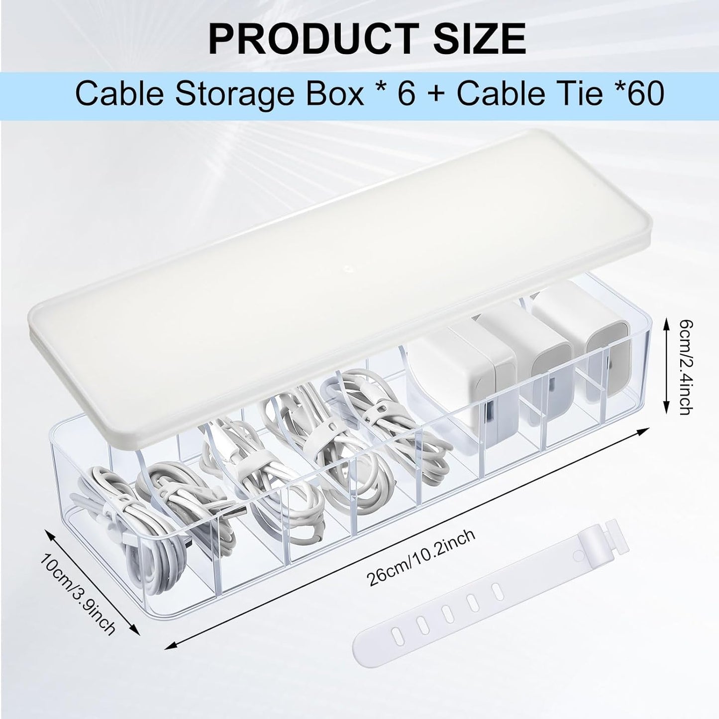 Tatuo 6 Pcs Cable Organizer Box with Wire Ties, Plastic Cord Storage Box with Lid, Electronics Organizer for Home Office Desk Organizers and Accessories (Clear,White)