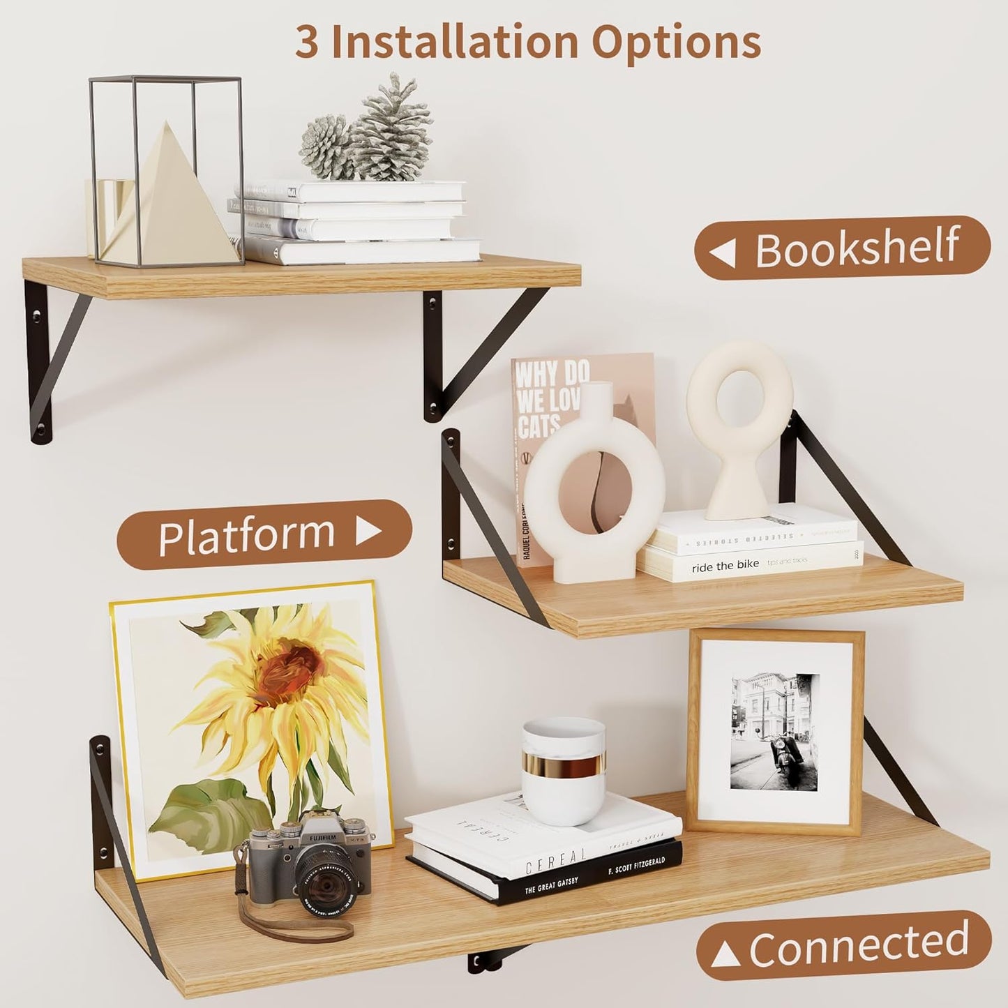 Axeman Deep Floating Shelves, 12 Inch Deep Rustic Oak Floating Wall Shelves Set of 2, 16W x 12D Large Floating Shelves Living Room Cleanning Room Laundry Room Garage - Oak with Black Brackets