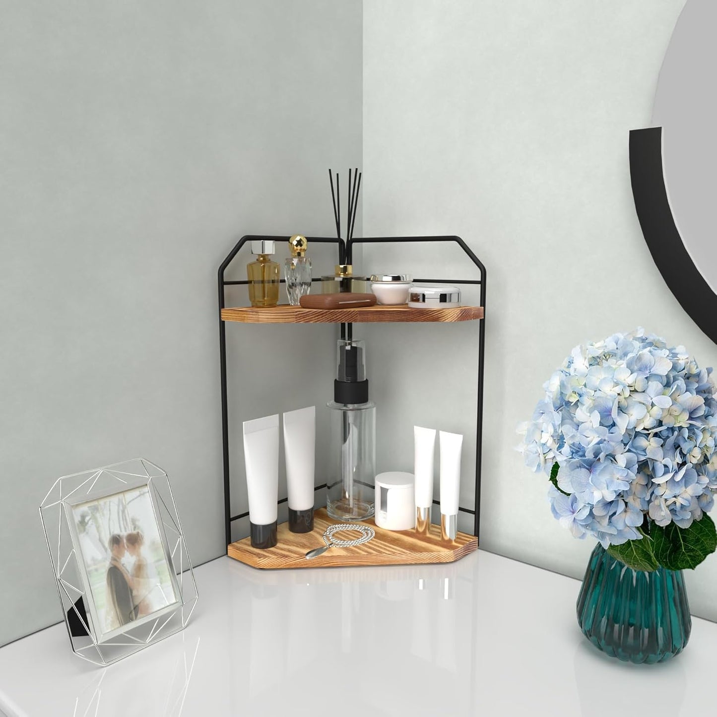 Corner Bathroom Counter Organizer - 2 Tier Wood Vanity Counter Shelf Perfume Skincare Holder, Countertop Corner Shelf Organizer for Bathroom, Kitchen, Brown