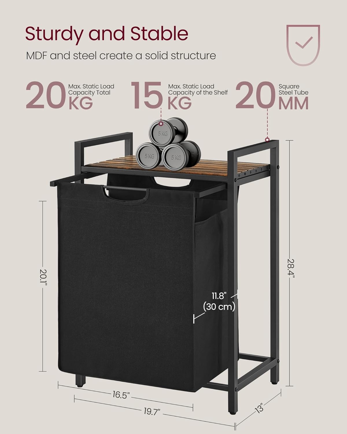 VASAGLE Laundry Hamper, Laundry Basket, Laundry Sorter with A Pull-Out and Removable Bag, Shelf, Metal Frame, 17.2 Gallons (65 L), 19.7 x 13 x 28.4 Inches, Black and Rustic Brown UBLH101B01