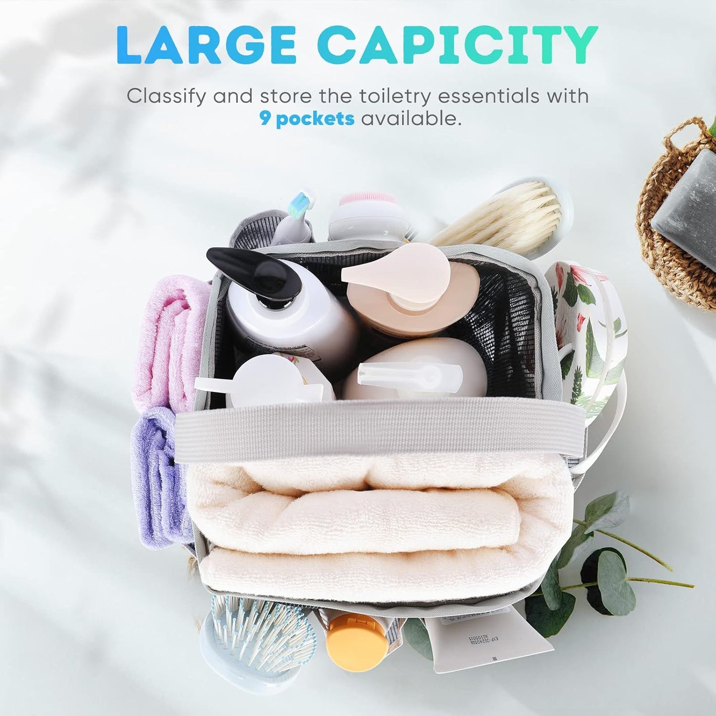 EUDELE Mesh Shower Caddy Portable for College Dorm Room Essentials with 8-Pocket Large Capacity for Beach,Swimming,Gym-Grey