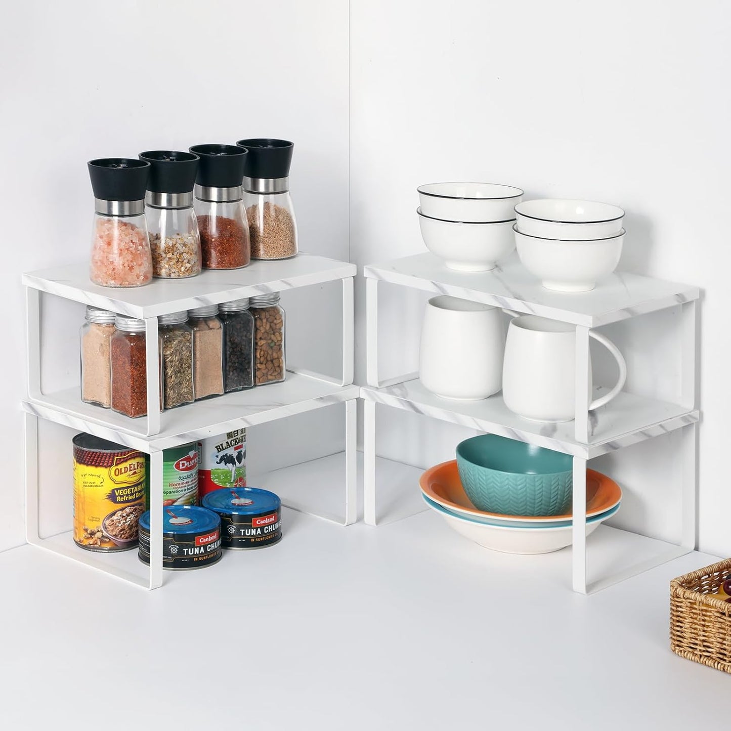 NEX Kitchen Counter Shelf, Stackable Cabinet Shelf Organizers Expandable Countertop Shelf for Pantry, Set of 4, White