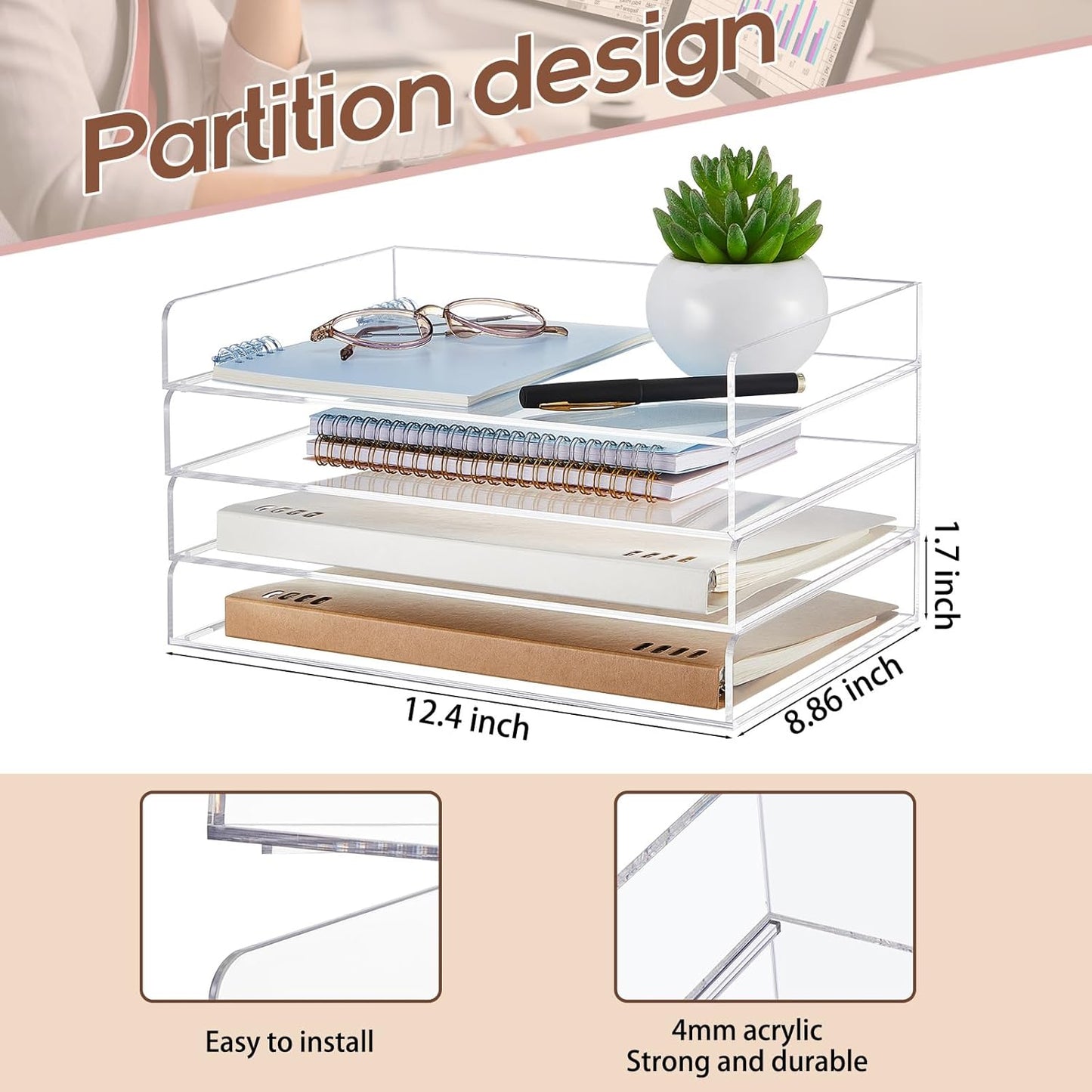 Harloon 4 Tier Acrylic Paper Tray Paper Organizer for Desk Clear File Organizer 12. 4 x 8. 9 x 1. 7 Inches File Tray for Office Workspace Desktop Storage, No Need to Assemble(Transparent)