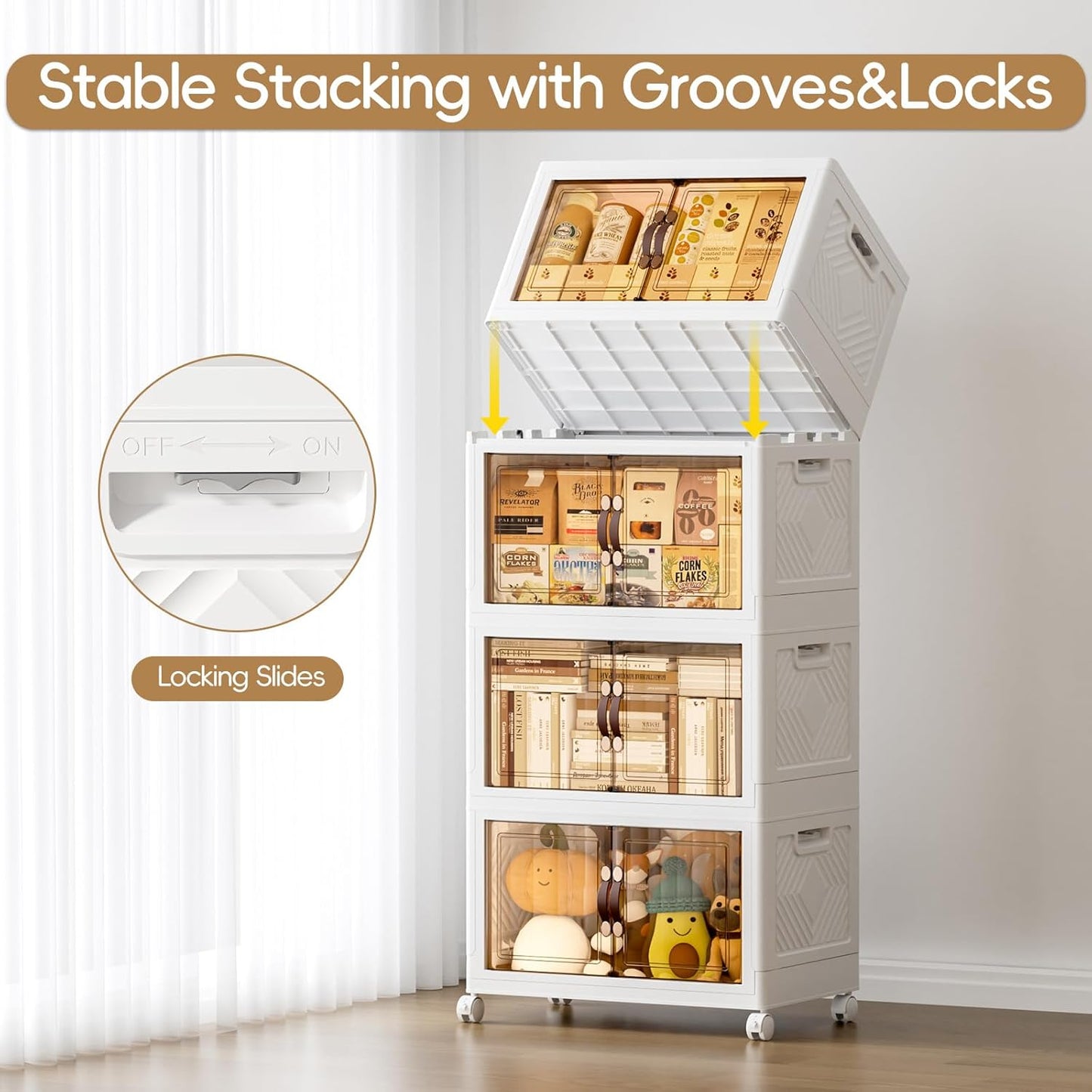 JEKO&JEKO 323Qt Stackable Storage Bins with Lids and Wheels, Foldable Collapsible Plastic Boxes for Clothes, Home, White, 4 Pack