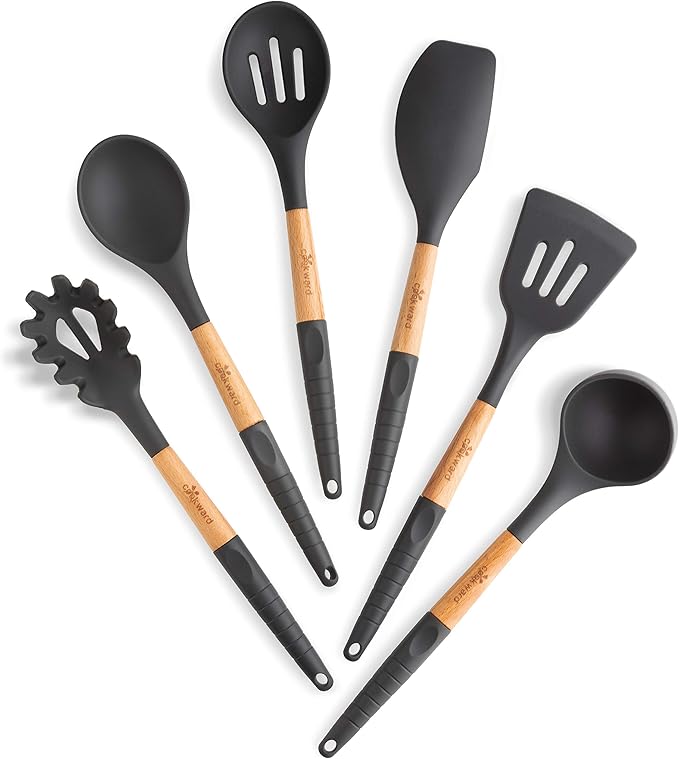 6 Pcs Cookward Silicone Cooking Utensils Set-Natural Wood Kitchen Utensils – Eco Friendly & BPA Free, Non-Scratch & Non-Stick Easy Grip -Dark gray
