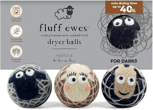 Hustle & Blush Fluff Ewes Wool Dryer Balls 3 Pack - XL Darks Premium New Zealand Laundry Set, Reduces Drying Time, Static Control, Chemical Free, Ideal Holiday Gifts for Women & Men