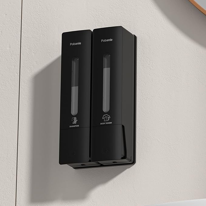 1984 Shampoo and Conditioner Dispenser Wall Mount Shower Dispenser 2 Chamber No Drill Bathroom Set Shampoo Dispenser for Shower Wall Home Hotel 400ml x 2 Black