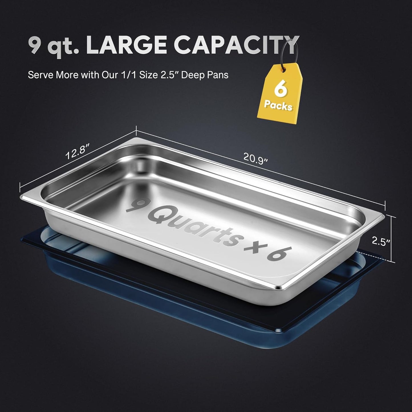 WILPREP 6 Pack Hotel Pans NSF Listed, 1/1 Full Size 2.5 in Deep Steam Table Pans with Lids, Food Grade Stainless Steel Hotel, 9 qt Catering Food Storage for Buffets Events Restaurants