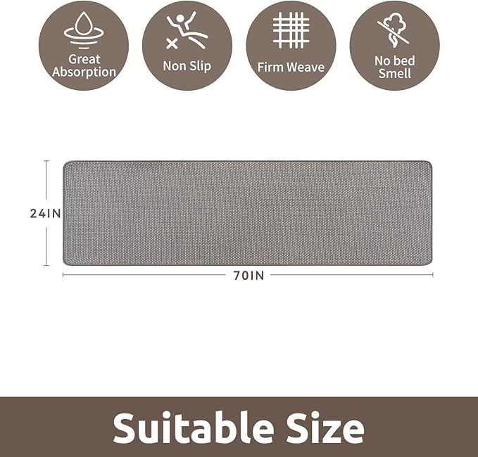 AMOAMI Chenille Bath Mat Super Absorbent Bathroom Mat Quick Dry Low Pile Bath Mats for Bathroom Washable Rubber Backed Bathroom Runners Fit Under Door, Front of Bathtub, Sink, LIGHTGREY&Beige 24"x70"
