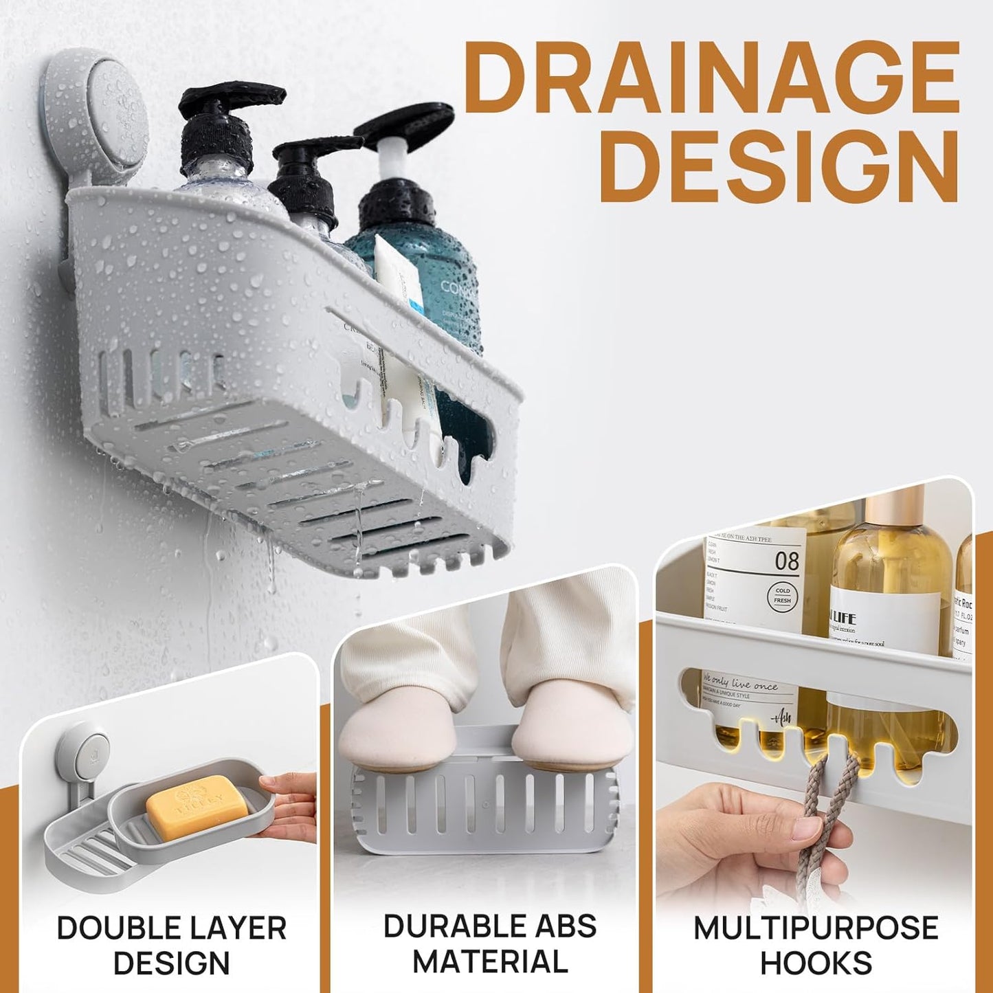 LEVERLOC Shower Caddy Suction Cup Set Shower Organizer & Soap Holder & Toothbrush Holder, Bathroom Shelf Basket NO-Drilling, Removable Suction Storage Waterproof Bathroom Caddy, Gray