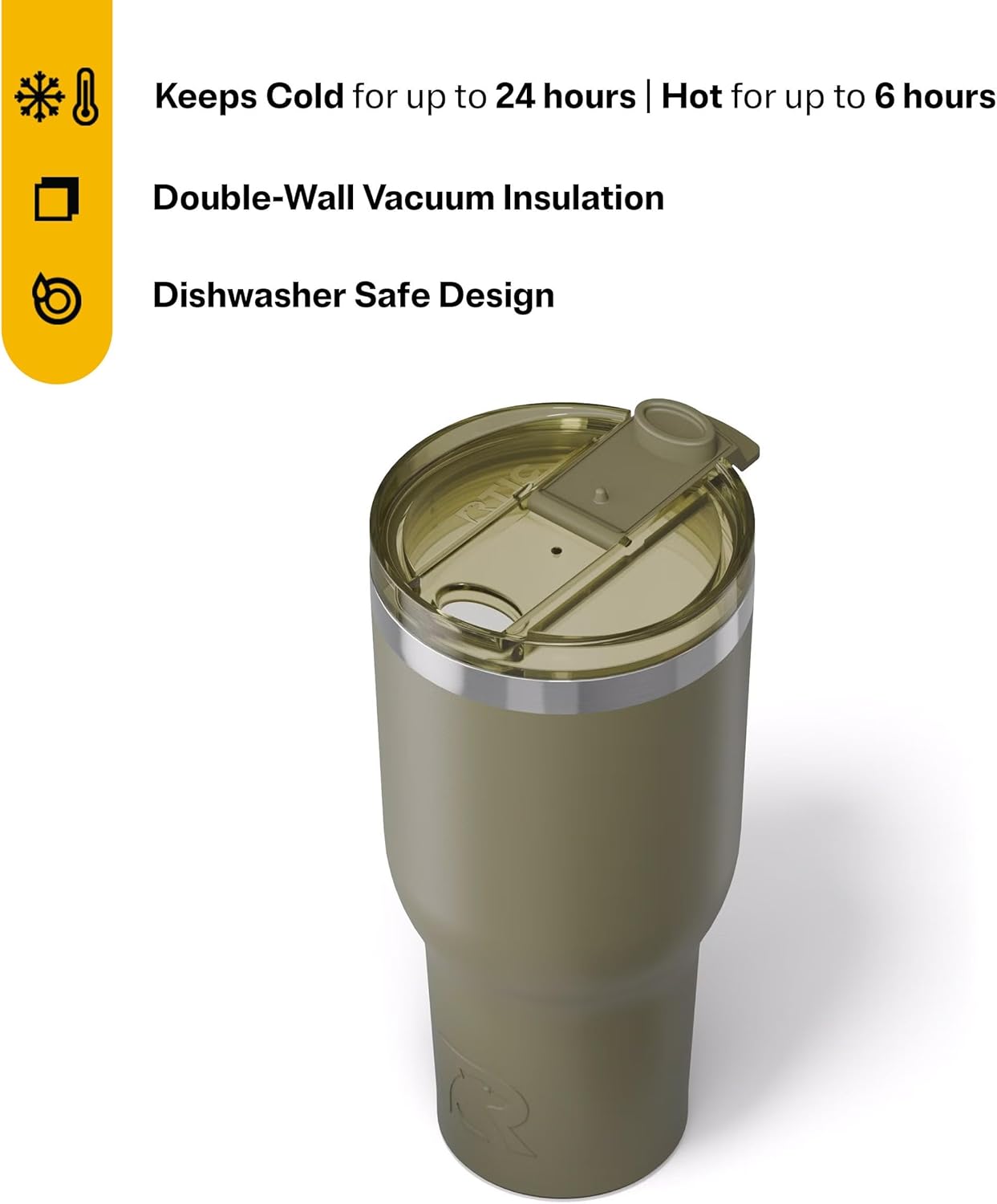 RTIC 40oz Essential Tumbler with Lid, Ceramic Lined, Insulated, Stainless Steel, Metal, Double Wall Vacuum-Insulation, Travel Cup for Iced Coffee, Tea, Hot and Cold Drink, Olive