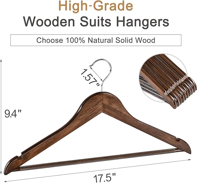 TOPIA HANGER Wooden Coat Hangers 30 Pack, Vintage Wood Suit Hangers with Non Slip Pants Bar, 360° Swivel Hook and Shoulder Notches for Camisole, Jacket, Pants, Smooth Finish Clothes Hangers - CT34A30