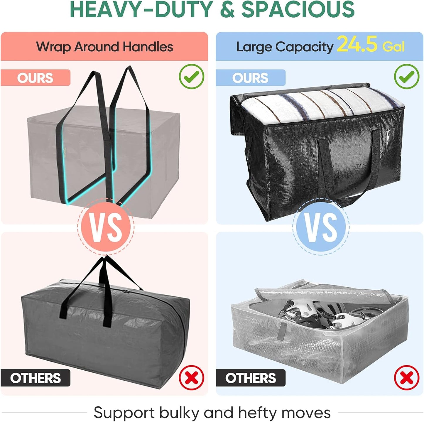 BALEINE 6-Pack Oversized Moving Bags with Reinforced Handles, Heavy-Duty Storage Tote for Clothes, Moving Supplies (Black, 6-Pack)