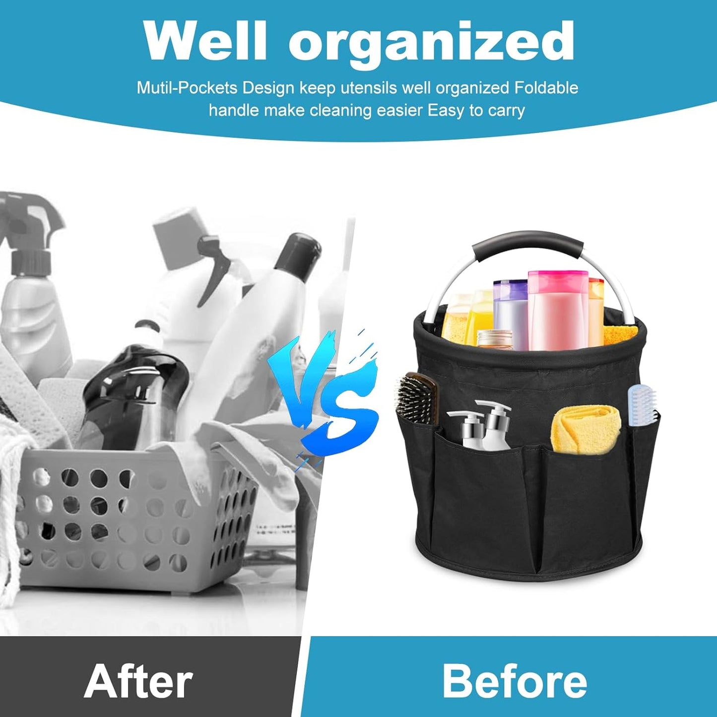 Cleaning Caddy with Handle, 17L Cleaning Supply Caddy Foldable Bucket Organizer Cleaning Products Organizers Cleaning Tools Bag 4.5 Gallon (Black)