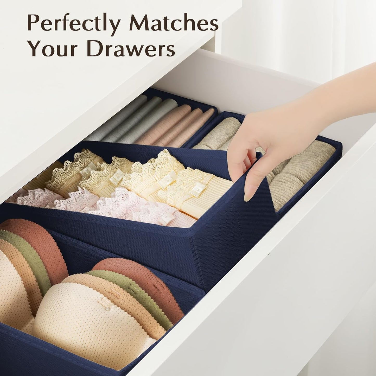 DIMJ Drawer Organizers Clothes, Set of 4 Dresser Organizer Bins, Fabric Closet Organizers and Storage, Shallow Drawer Dividers for Nursery, Clothing, Baby Clothes, Socks, Underwears, Tie (Navy Blue)