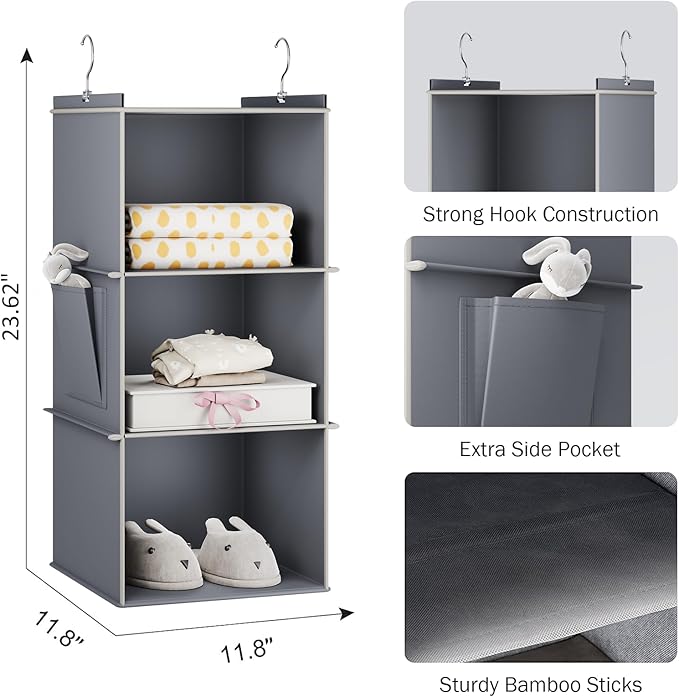 YOUDENOVA Hanging Closet Organizer, 3-Shelf Closet Hanging Storage Shelves, Grey