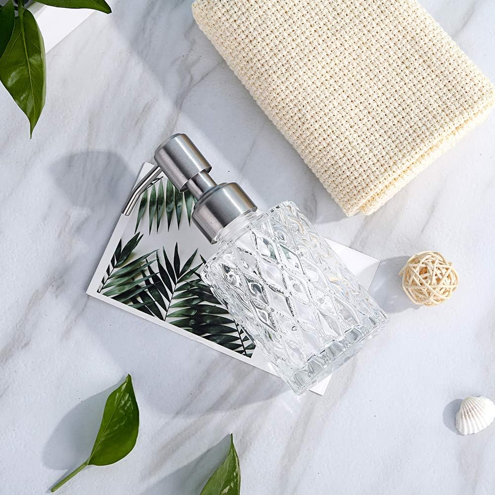 Soap Dispenser with Stainless Steel Pump, Clear Crystal Design, Vintage and Elegant, Refillable Liquid Hand Soap Dish Soap Dispensers for Bathroom Counter, Kitchen Sink (Style2)