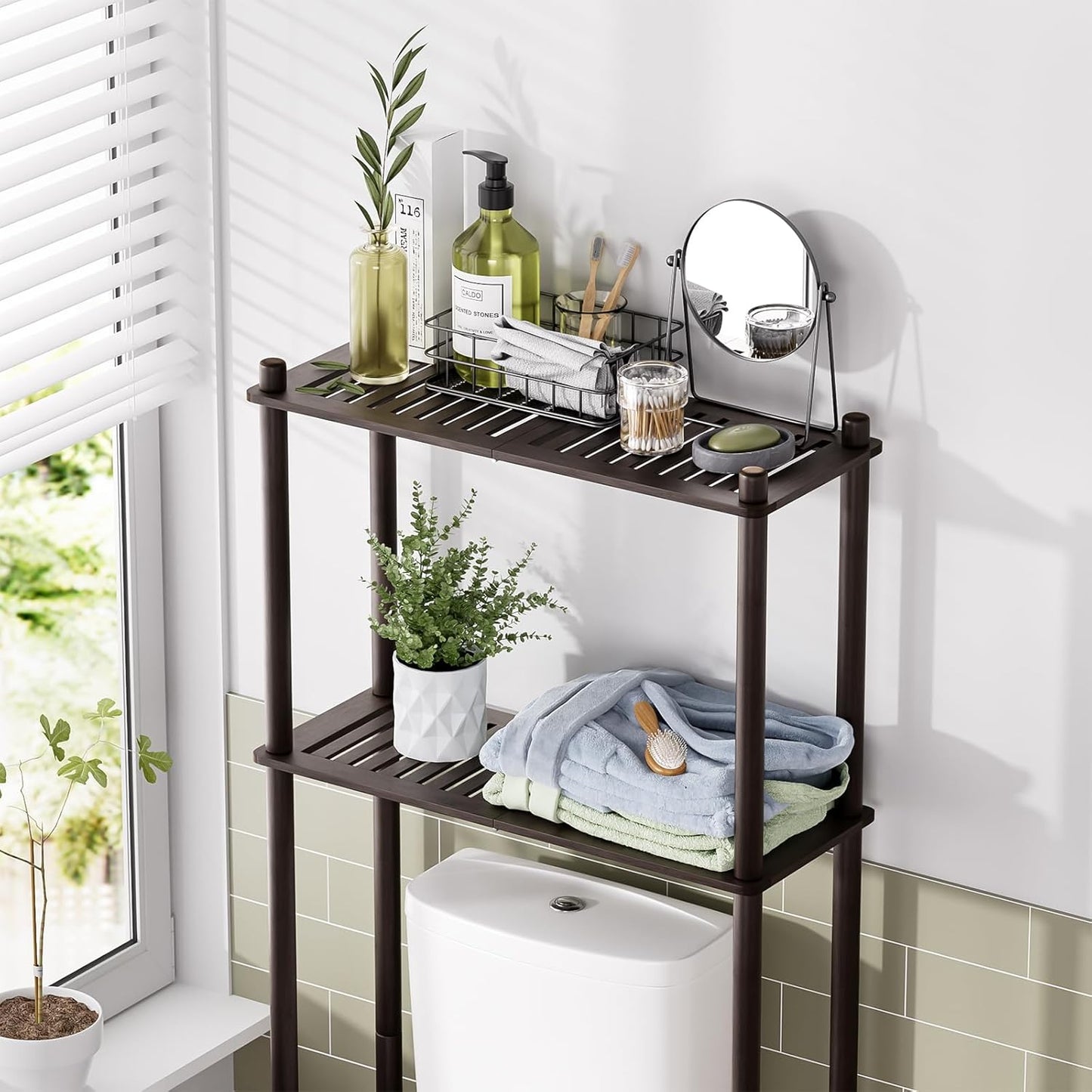 AmazerBath Bamboo Over The Toilet Storage Shelf, 2-Tier Over Toilet Bathroom Organizer Rack, Bathroom Shelves Over Toilet Space Saver, Espresso