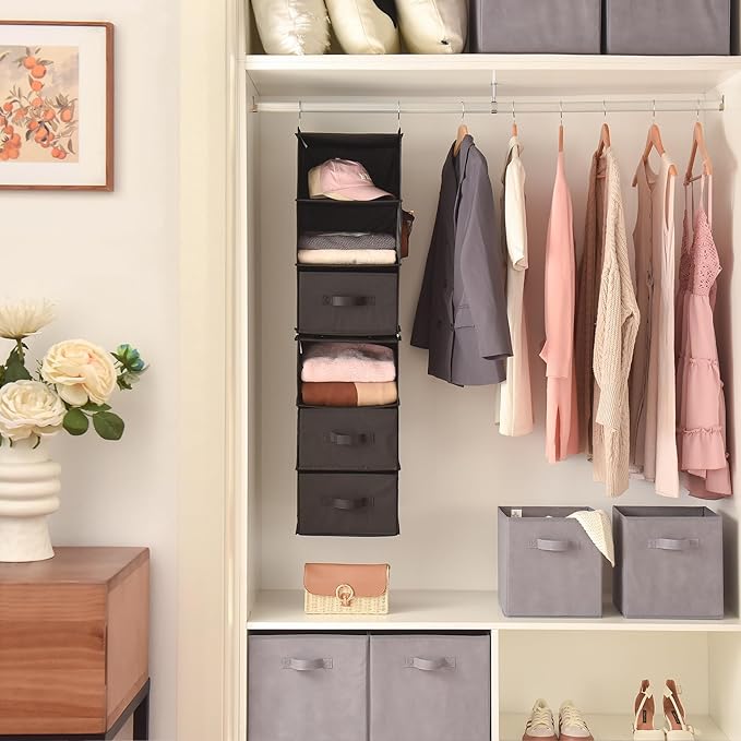 GRANNY SAYS 6-Shelf Hanging Closet Organizers and Storage, Separable to 2 Pack 3-Shelf Closet Hanging Organizer with 3 Drawers, 4 Side Pockets Hanging Shelves for Closet, Nursery, Black